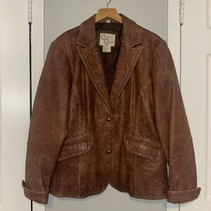 VTG Cripple Creek Western Leather Jacket Womens Studded Pebbled Rodeo Brown  XL